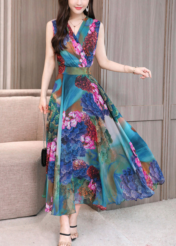 Art Red V Neck Print Tunic Holiday Maxi Dresses Sleeveless LY1719 - fabuloryshop