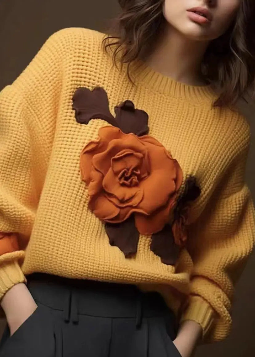 Art Yellow Floral Cozy Cotton Knit Tops Fall Ada Fashion