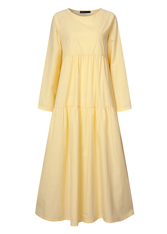 Art Yellow Patchwork Solid Loose Linen Dress Long Sleeve LC0011 - fabuloryshop