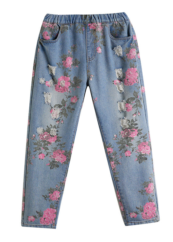 Beautiful Blue Print High Waist Denim Harem Pants LY3965 - fabuloryshop