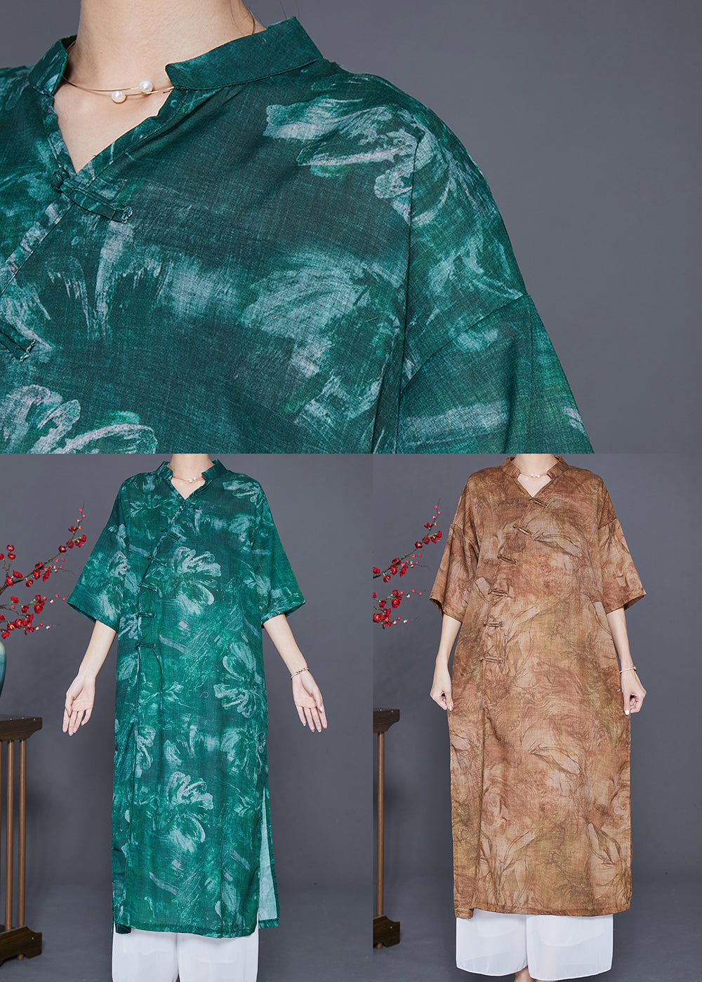 Beautiful Green V Neck Tie Dye Linen Long Dress Summer LY7622