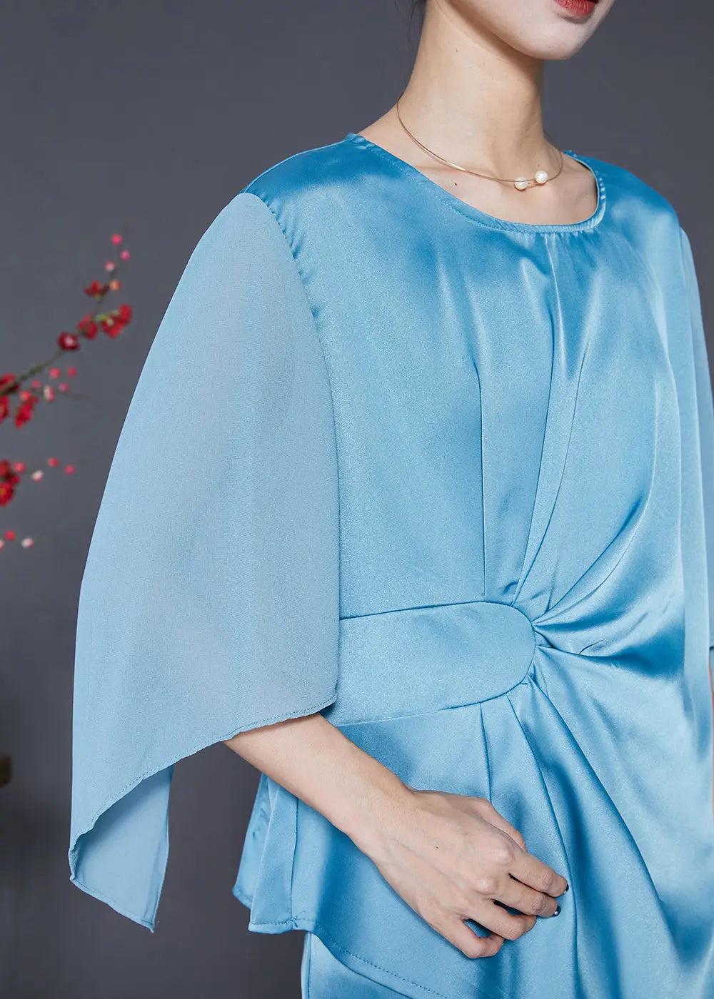 Beautiful Lake Blue Asymmetrical Wrinkled Silk Two Pieces Set Fall Ada Fashion