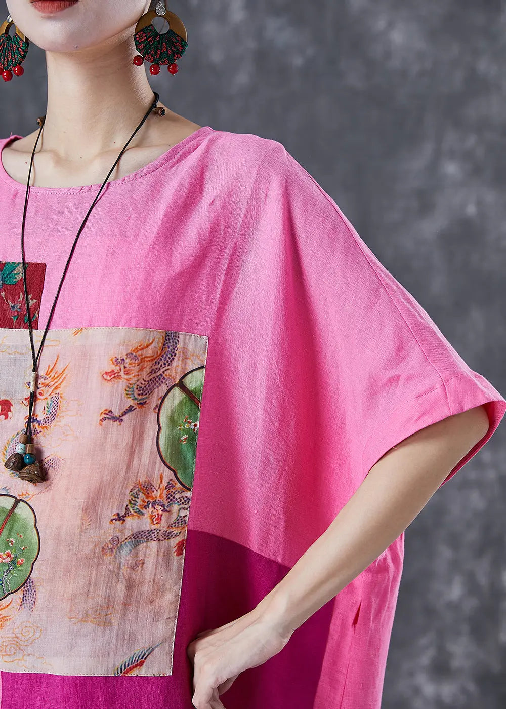 Beautiful Pink Oversized Patchwork Linen Ankle Dress Batwing Sleeve Ada Fashion