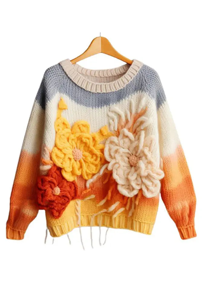 Beautiful Yellow Floral Cozy Cotton Knit Top Long Sleeve Ada Fashion