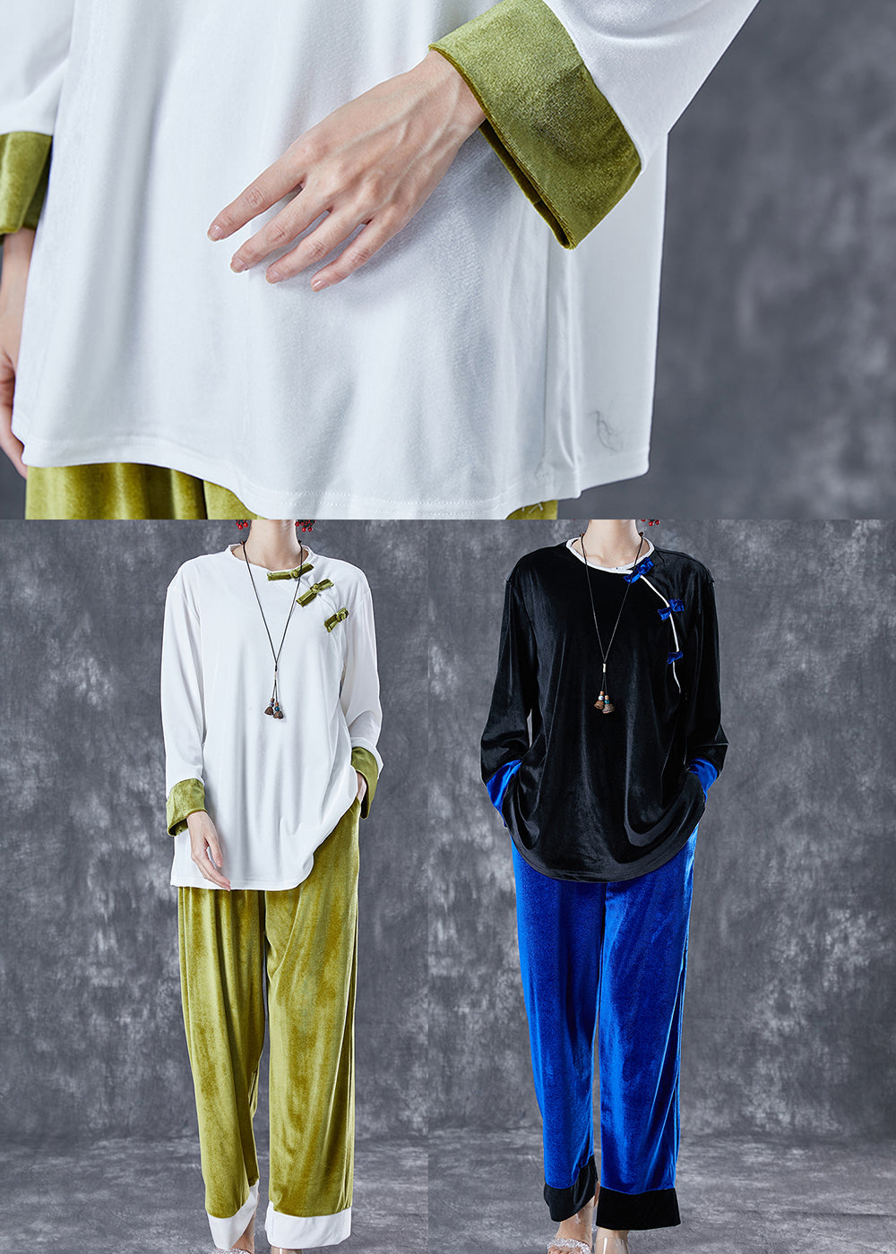 Black Blue Patchwork Silk Velour Two Pieces Set Oversized Chinese Button Spring LY5002 - fabuloryshop