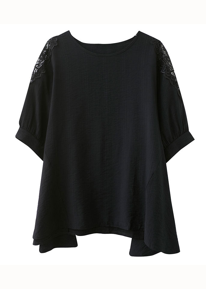 Black Lace Patchwork Cotton T Shirt Top Asymmetrical Summer LY5665 - fabuloryshop