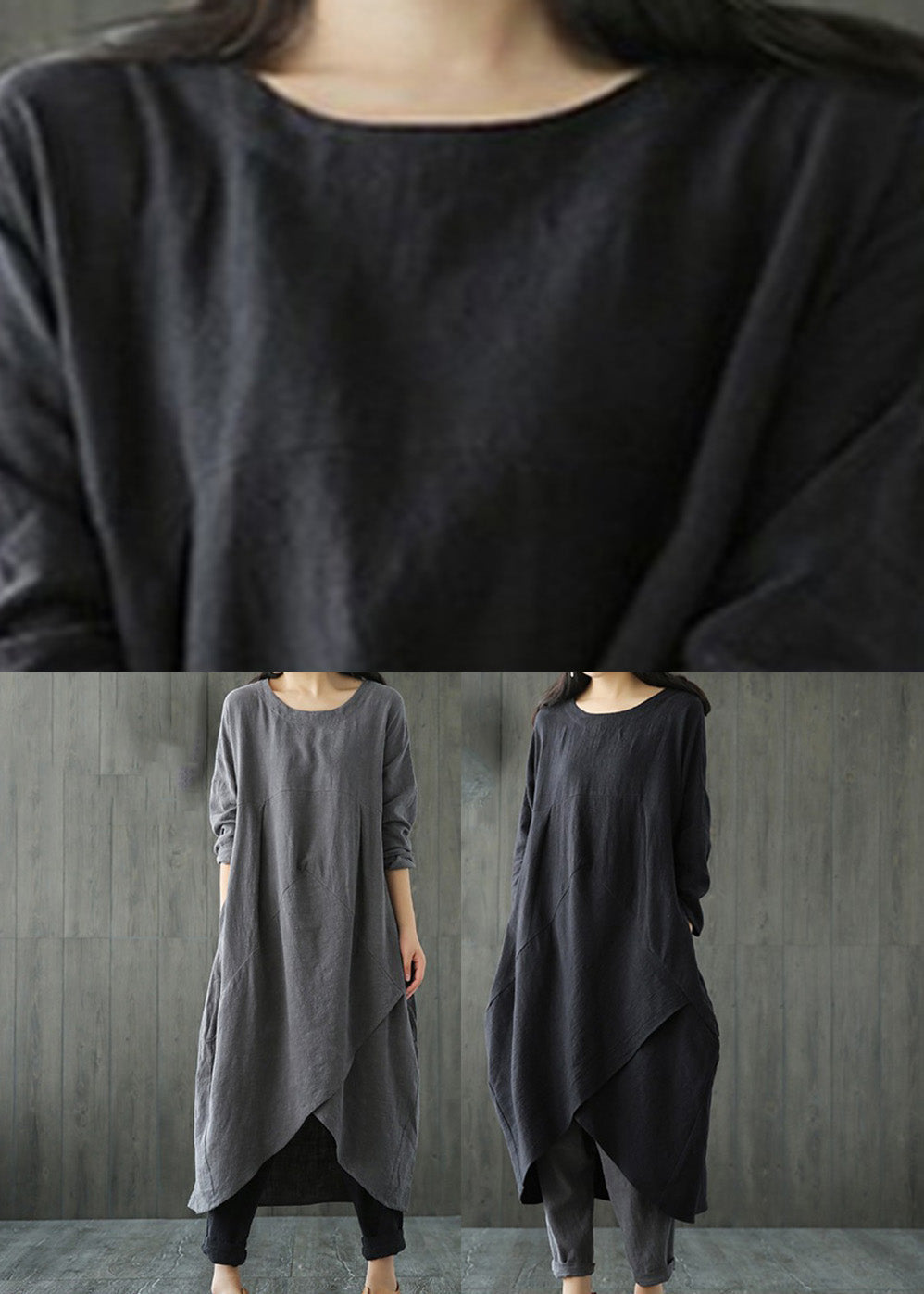 Black O-Neck Asymmetrical Linen Long Dress Long Sleeve LC0002 - fabuloryshop