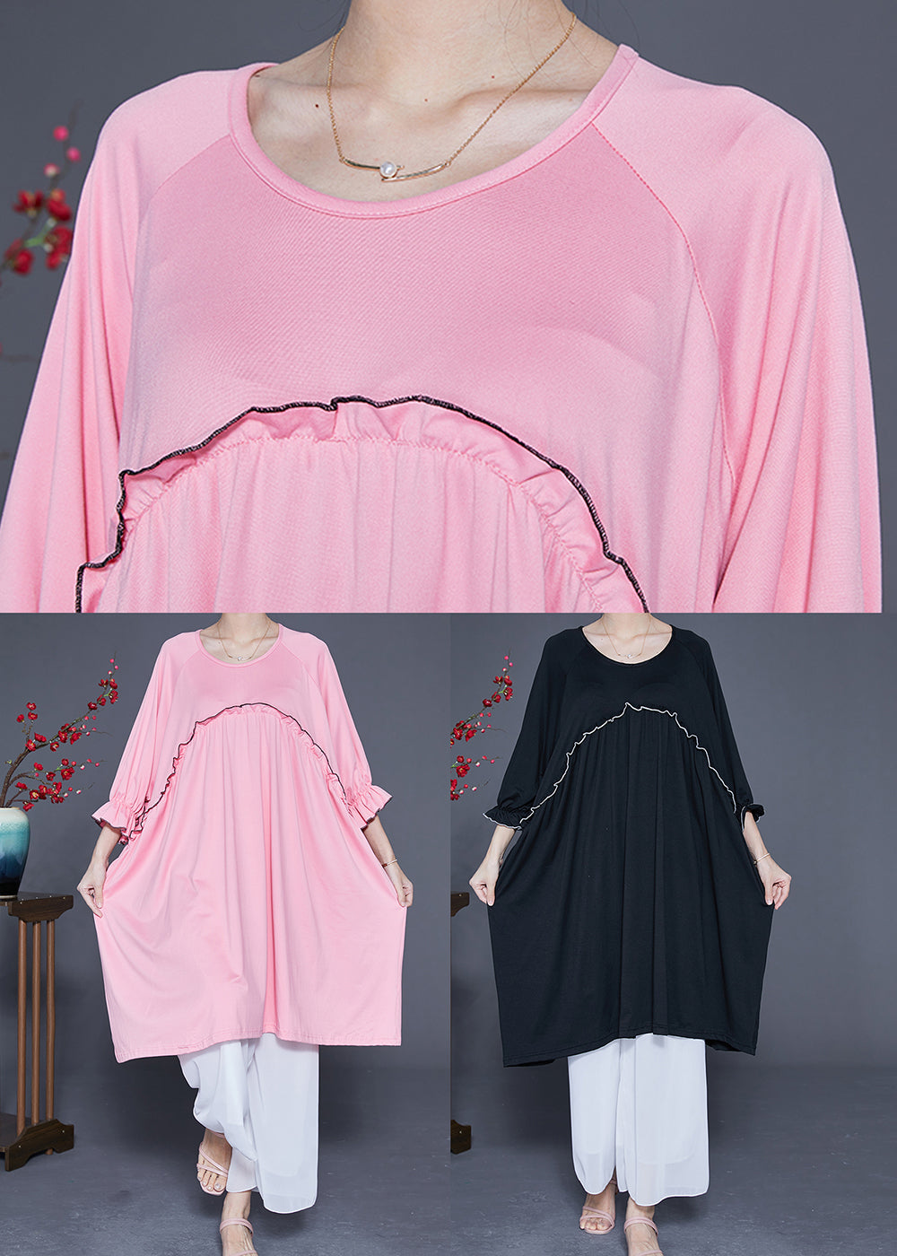Black Oversized Cotton Long Dress O-Neck Ruffled Summer LY2886 - fabuloryshop