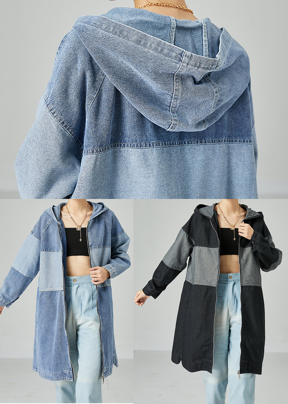 Black Patchwork Cotton Denim Trench Coat Hooded Oversized Spring LY2457 - fabuloryshop