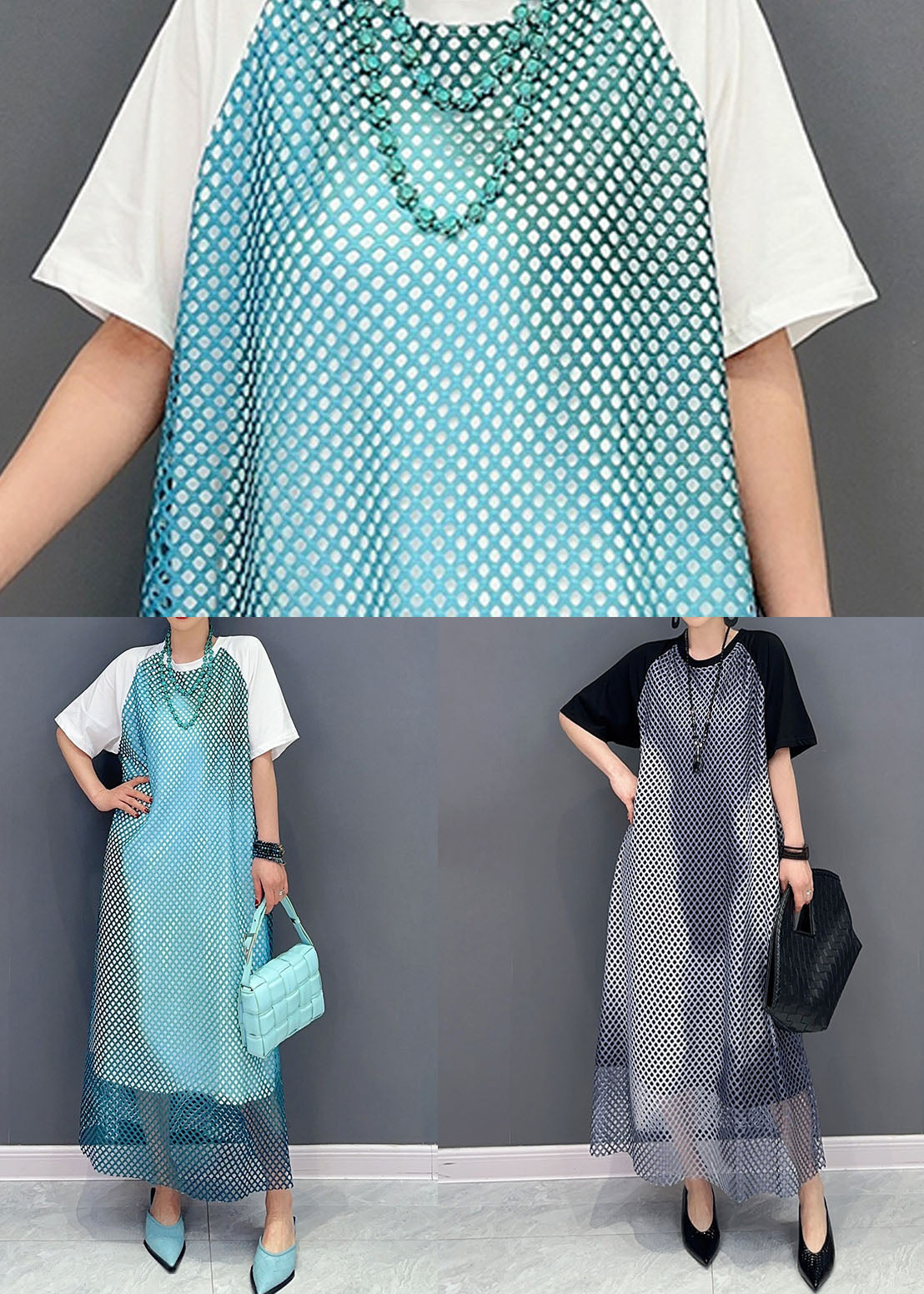 Black Patchwork Cotton Maxi Dresses O Neck Sheer Mesh Short Sleeve LC0325 - fabuloryshop