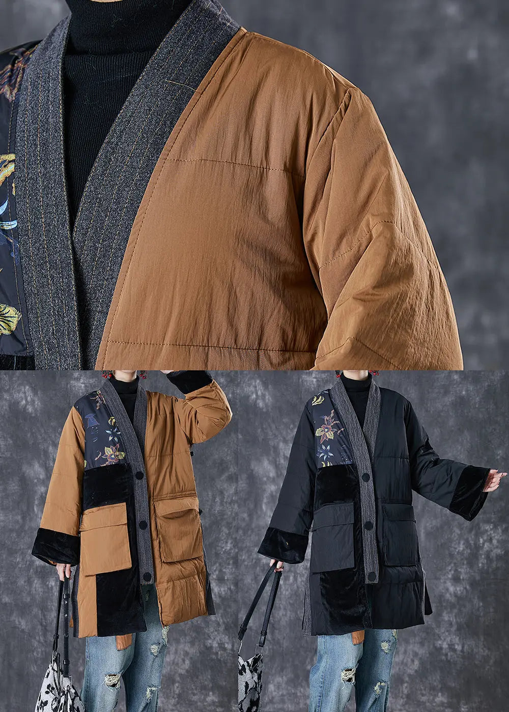 Black Patchwork Thick Fine Cotton Filled Parkas Oversized Pockets Winter Ada Fashion