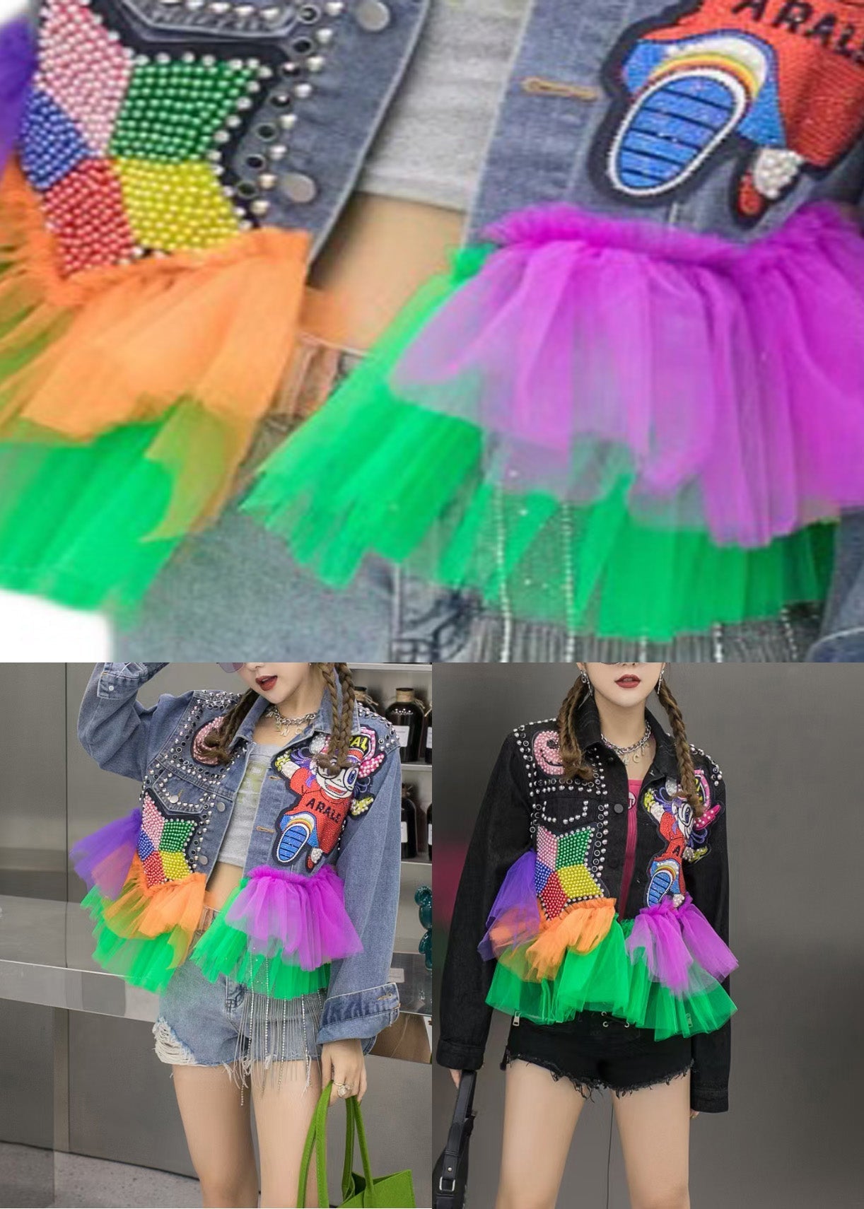 Black Tulle Patchwork Button Denim Outwear Fall LY6038 - fabuloryshop