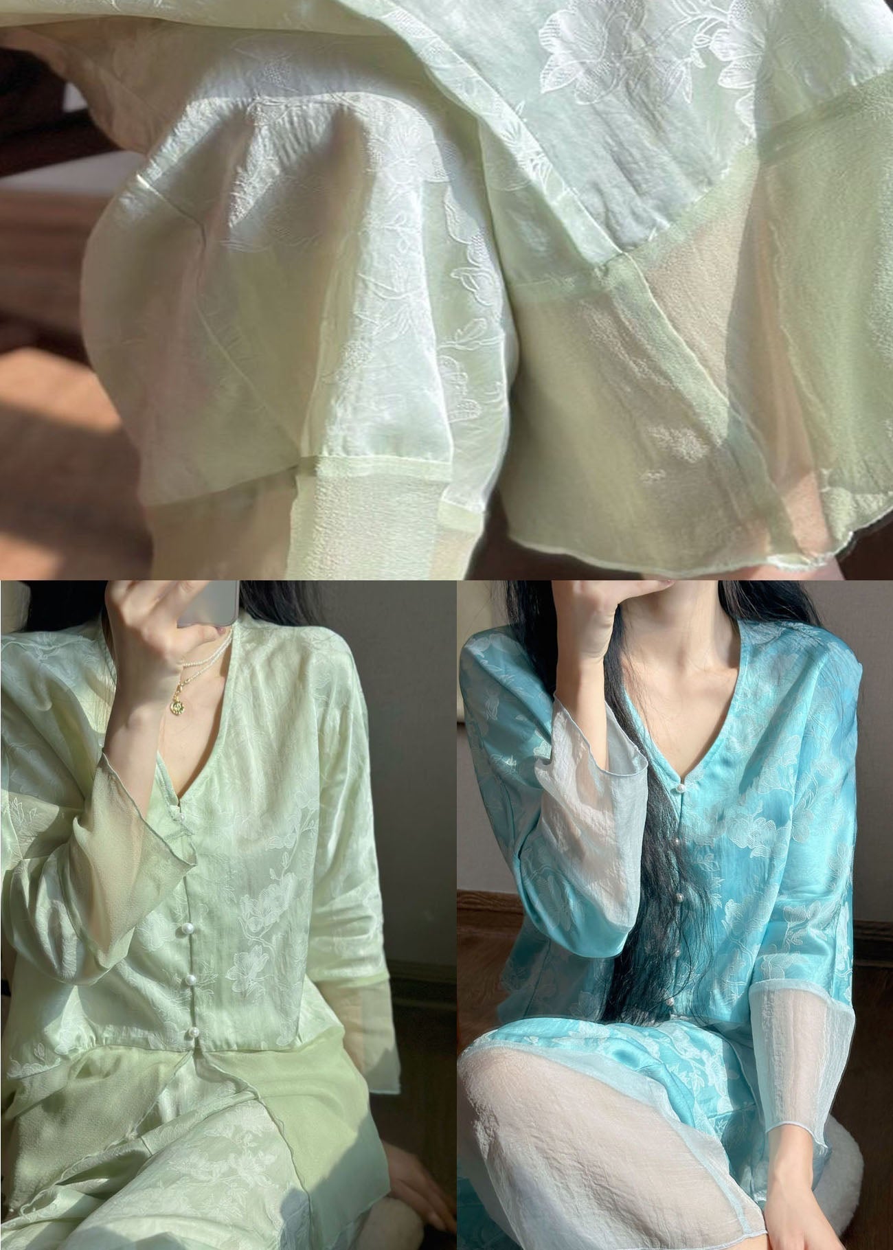 Blue Jacquard Patchwork Silk Two-Piece Set Pajamas V Neck Long Sleeve LY2807 - fabuloryshop
