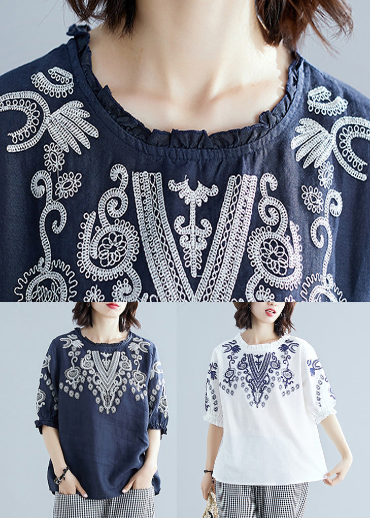 Blue O-Neck Cotton Top Short Sleeve LY0643 - fabuloryshop