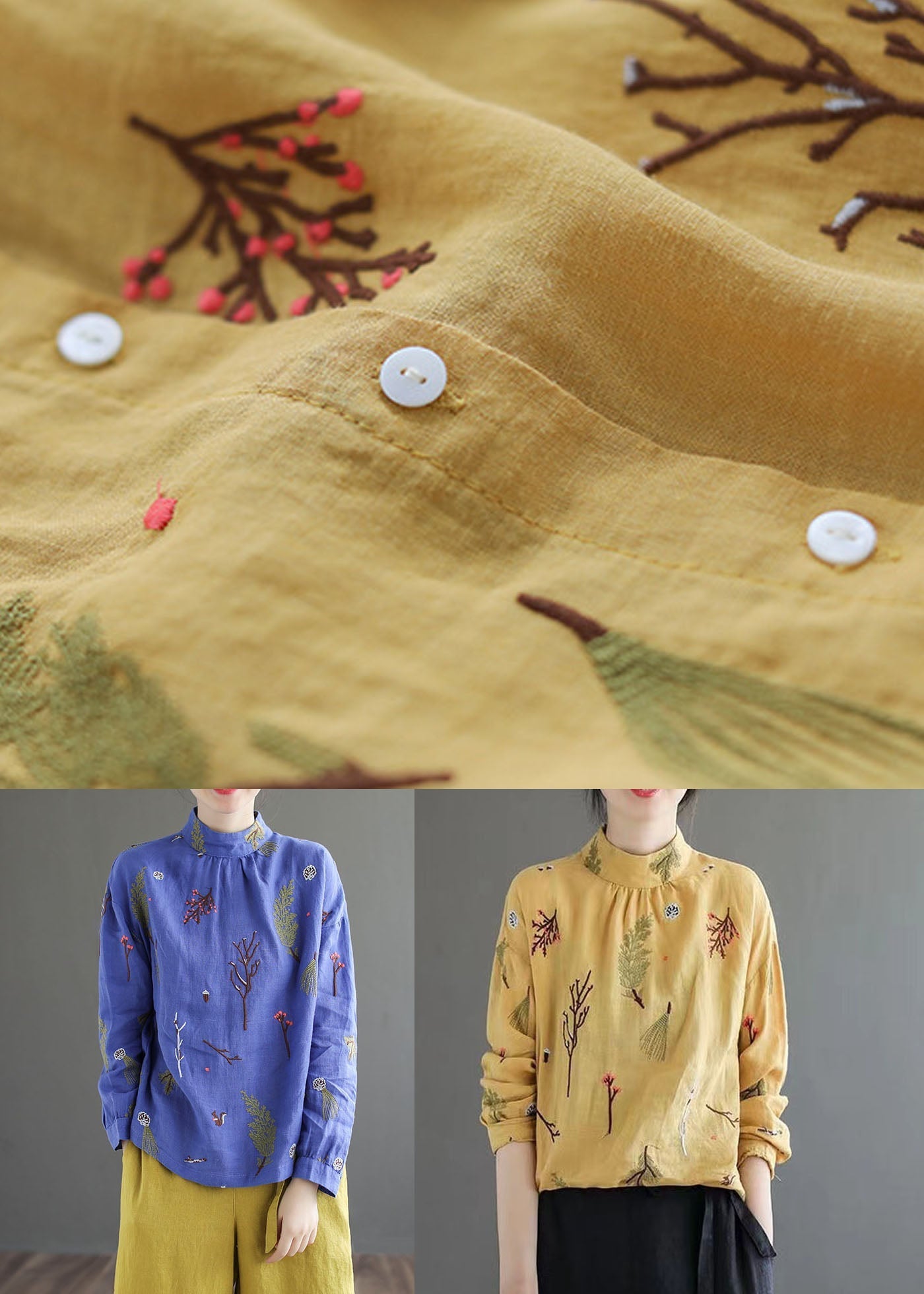 Blue Patchwork Linen Shirt Tops Embroideried Stand Collar Long Sleeve LY6239 - fabuloryshop