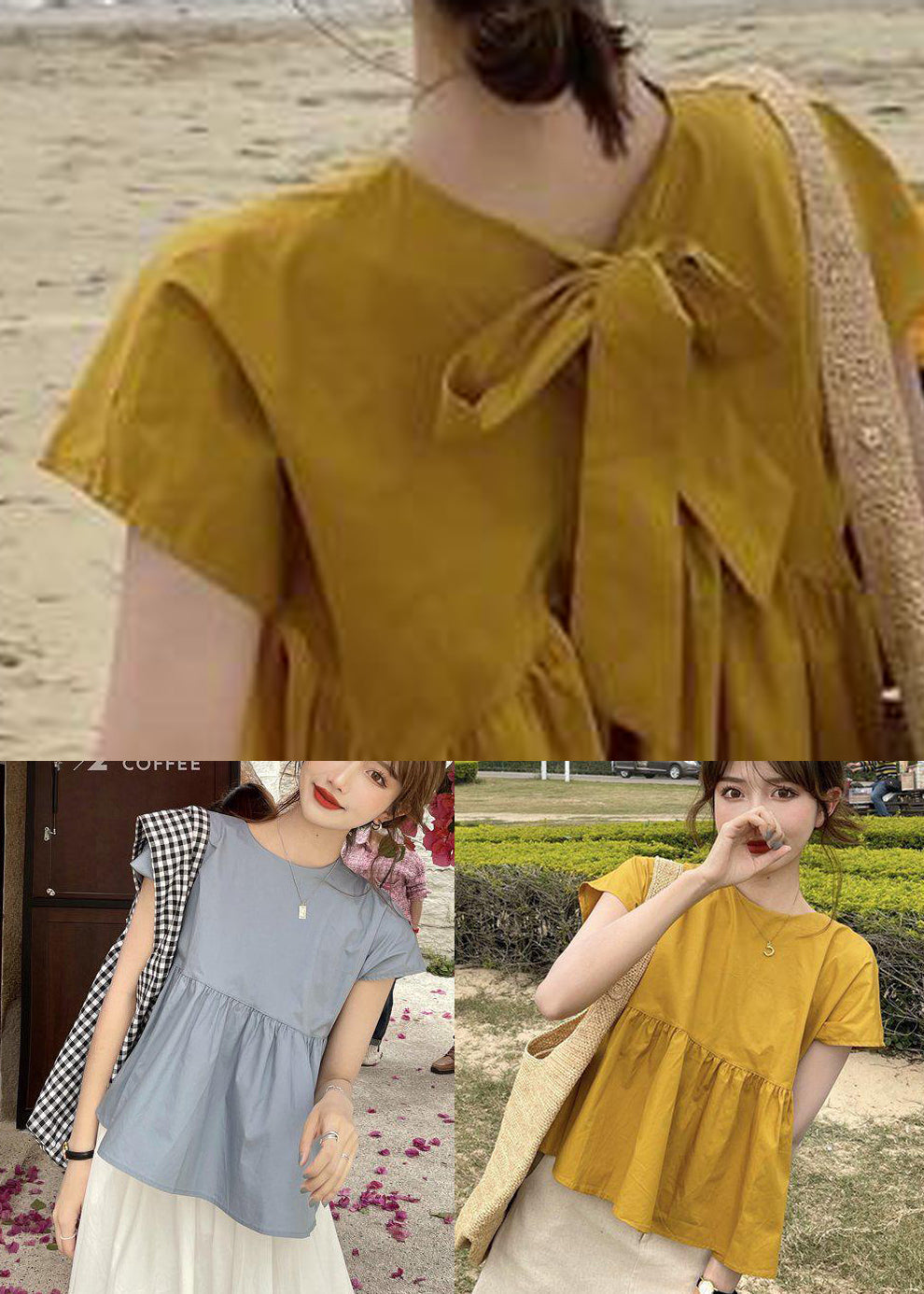 Blue Patchwork Wrinkled Cotton Shirt Tops O-Neck Bow Short Sleeve LY2647 - fabuloryshop