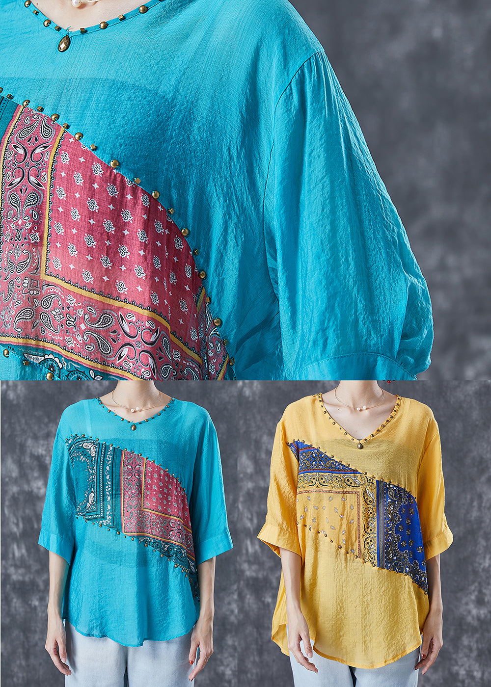 Blue Print Cotton Tank Tops V Neck Rivet Summer Ada Fashion