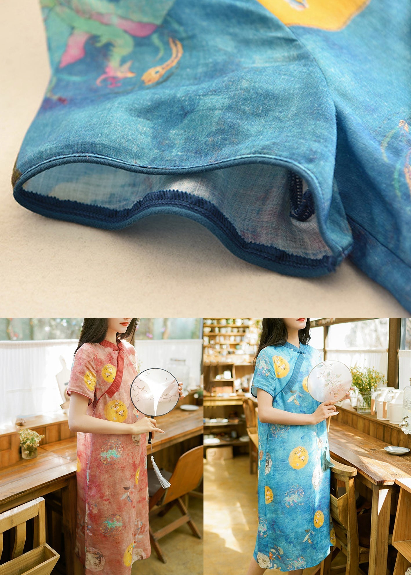 Blue Print Patchwork Linen Dress Stand Collar Short Sleeve Ada Fashion