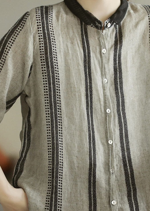 Bohemian Black Grey Peter Pan Collar Print Patchwork Linen Shirt Top Summer LY6160 - fabuloryshop