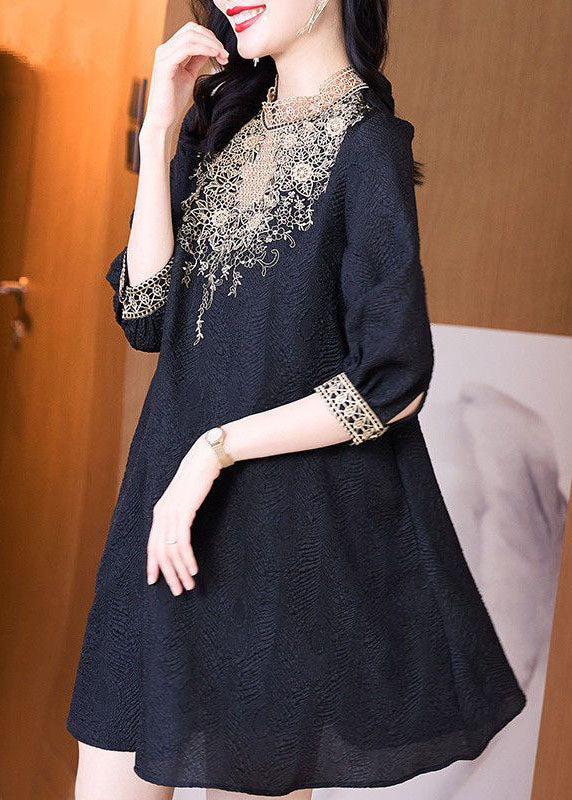 Bohemian Black Stand Collar Lace Patchwork Spandex Mid Dress Half Sleeve LC0089 - fabuloryshop