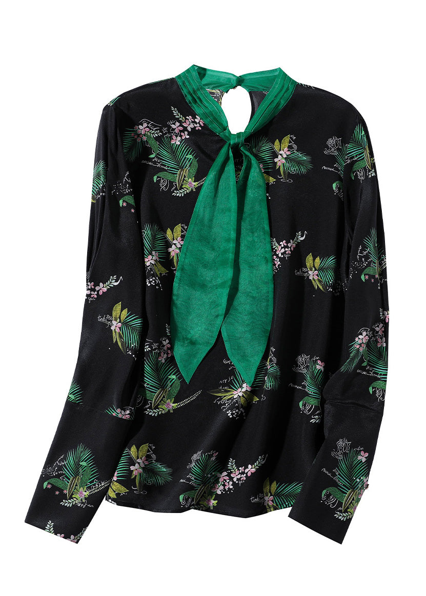 Bohemian Black Stand Collar Print Silk Shirt AC3035 - fabuloryshop