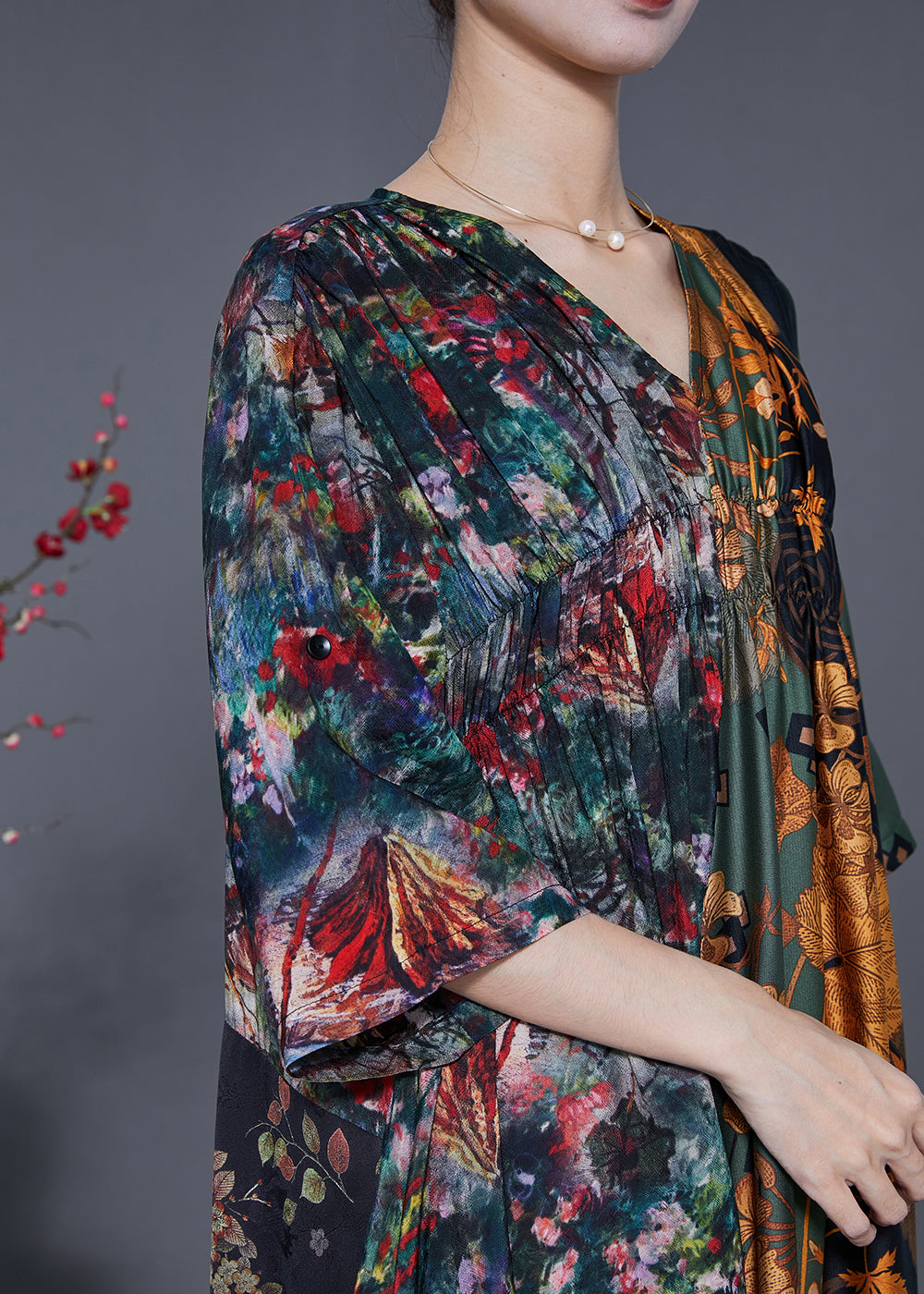 Bohemian Colorblock V Neck Patchwork Wrinkled Print Silk Long Dress Summer LY5570 - fabuloryshop