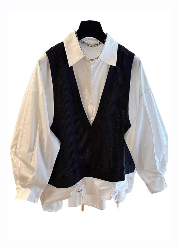 Bohemian Khaki Peter Pan Collar Patchwork Button Fake Two Pieces Shirts Fall Ada Fashion