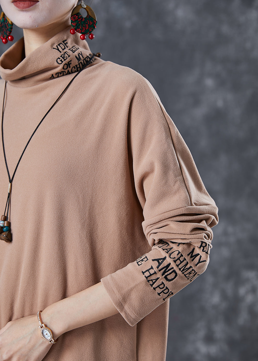 Bohemian Khaki Turtle Neck Letter Embroideried Velour Tops Fall Ada Fashion