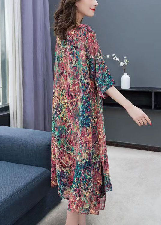 Boho Floral O Neck Print Side Open Patchwork Chiffon Dress Summer Ada Fashion
