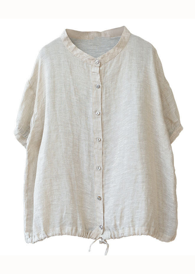 Boutique Beige Stand Collar Patchwork Linen Blouses Summer LY6229 - fabuloryshop