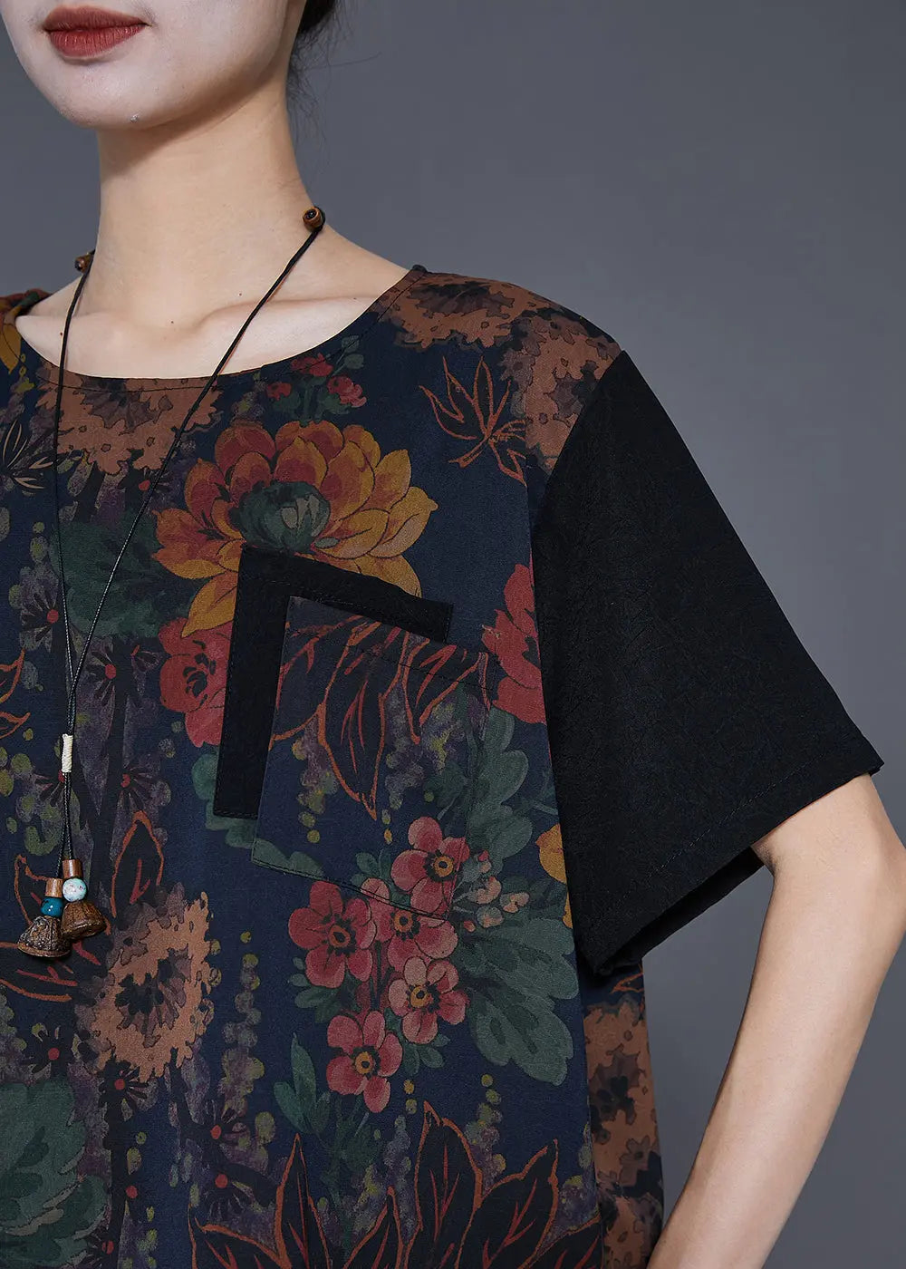 Boutique Black Chinese Button Patchwork Print Silk Two Pieces Set Summer Ada Fashion