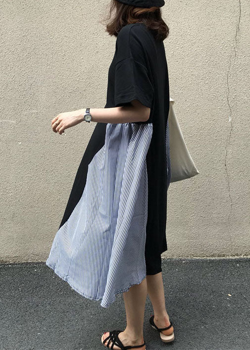 Boutique Black O Neck Patchwork False Two Pieces Cotton Dress Summer LY1330 - fabuloryshop