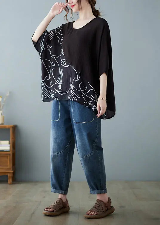 Boutique Black Oversized Print Cotton Tank Tops Summer Ada Fashion