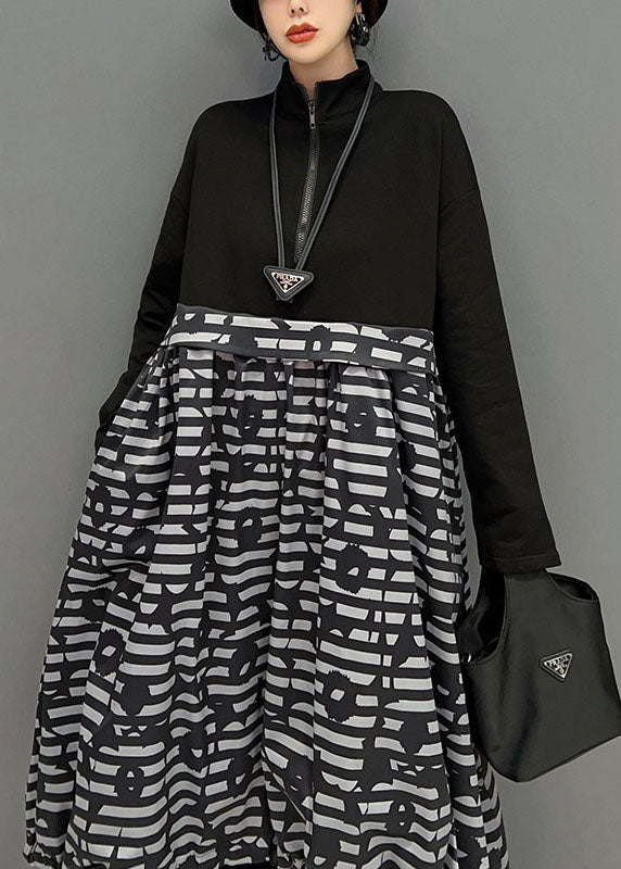 Boutique Black Zip Up Patchwork Print Long Dress Spring LY1663 - fabuloryshop