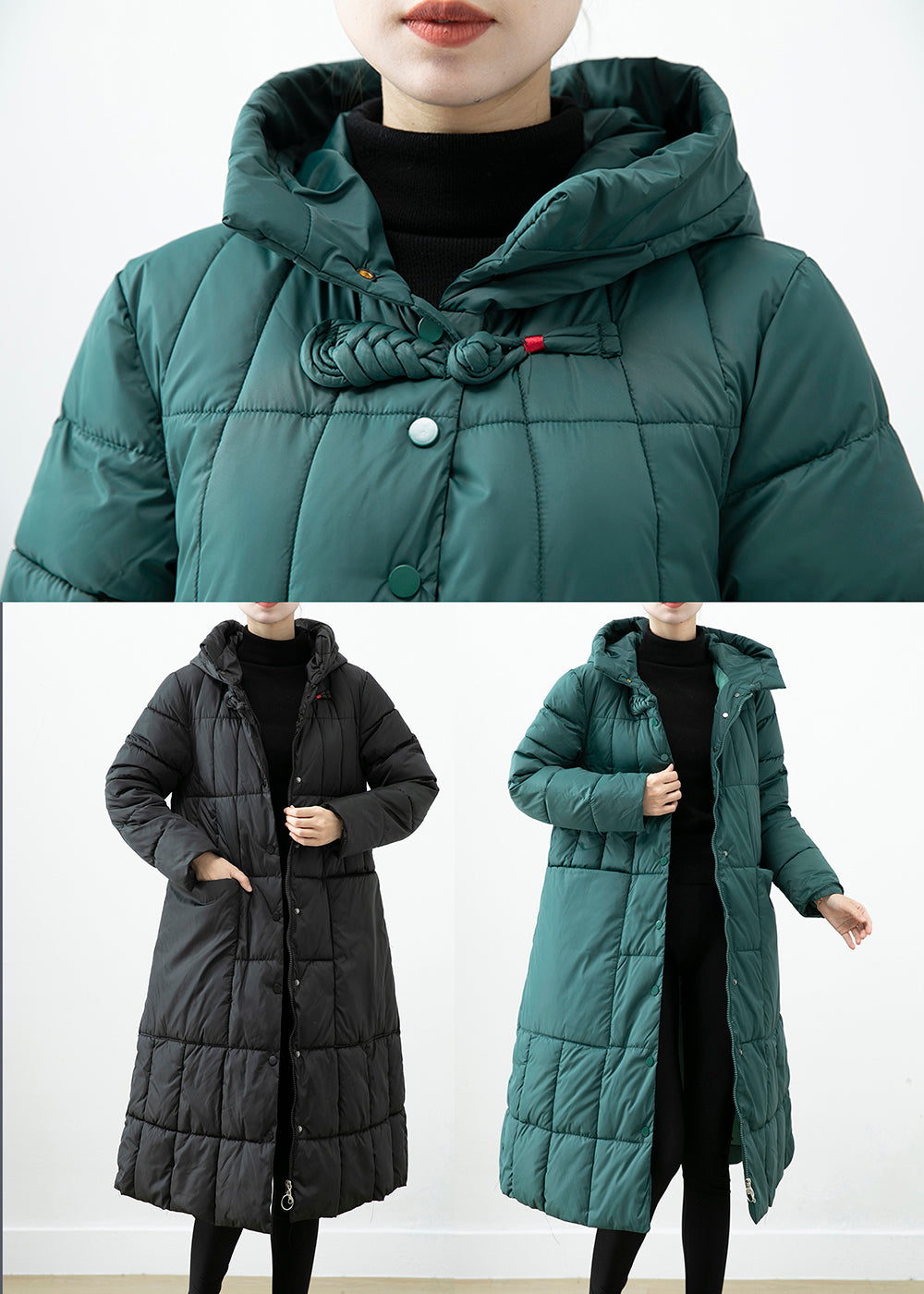 Boutique Blackish Green Hooded Pockets Fine Cotton Filled Winter Coats Ada Fashion