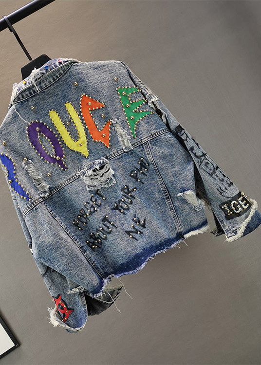 Boutique Blue Peter Pan Collar Graphic Print Patchwork Nail Bead Button Denim Coat Spring LY5203 - fabuloryshop