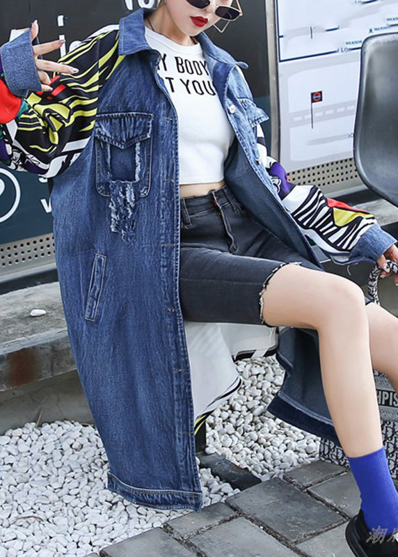 Boutique Blue Peter Pan Collar Print Button Long Denim Coat Fall LY6012 - fabuloryshop