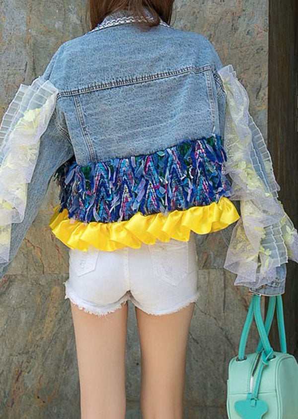 Boutique Blue Ruffled Pockets Floral Decorated Patchwork Denim Short Coat Spring LY5231 - fabuloryshop