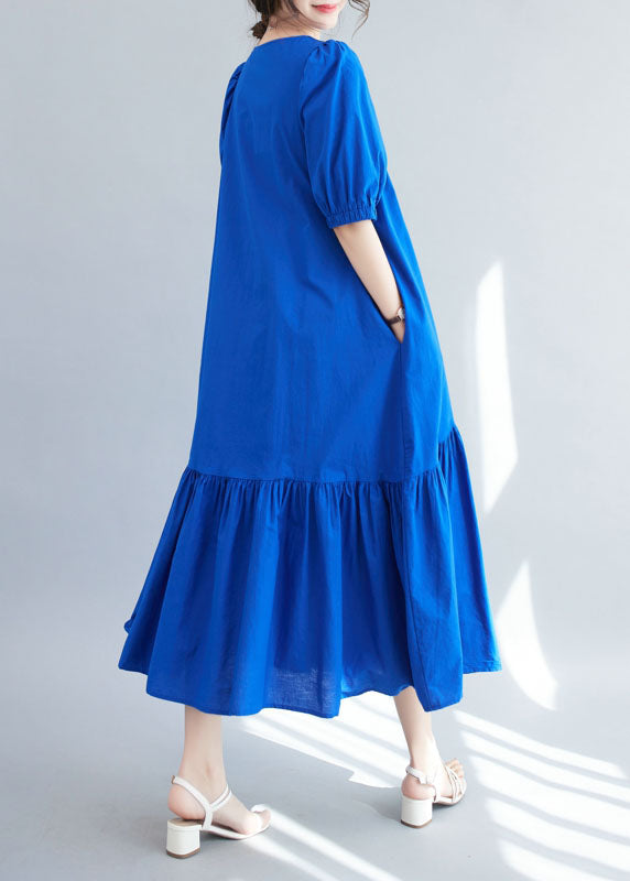 Boutique Blue V Neck Ruffled Patchwork Silk Long Dresses Summer LY4957 - fabuloryshop