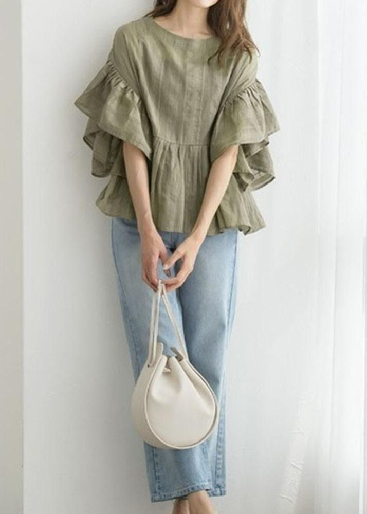 Boutique Green O-Neck Patchwork Wrinkled Cotton A Line Blouse Tops Butterfly Sleeve LY2587 - fabuloryshop