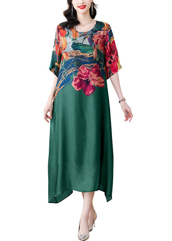 Boutique Green O Neck Print Patchwork Silk Dresses Summer LY4558 - fabuloryshop