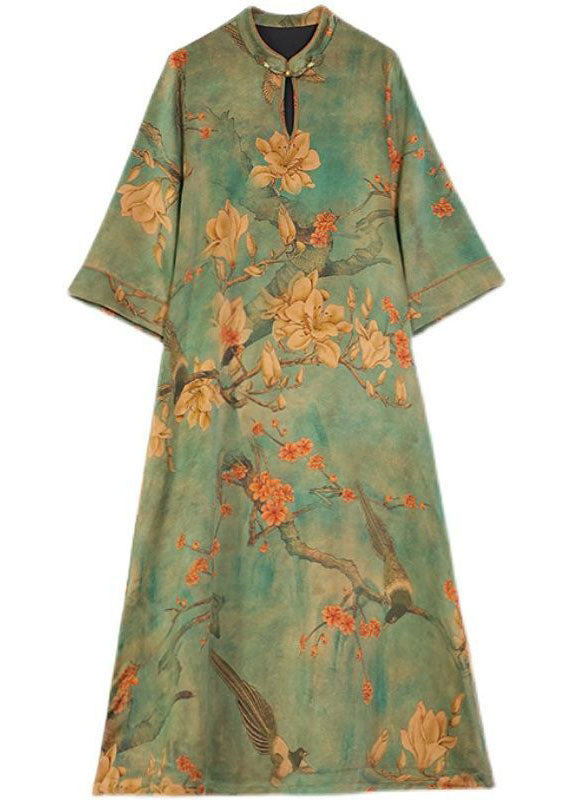 Boutique Green Print Chinese Button Silk Long Dress Bracelet Sleeve LY1686 - fabuloryshop