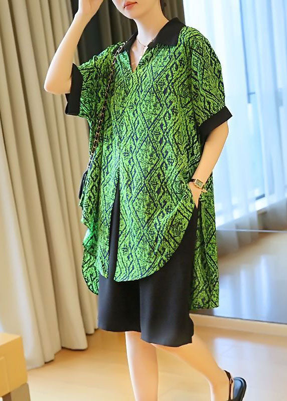 Boutique Green Print Patchwork Low High Design Chiffon Shirt Top Summer LY1456 - fabuloryshop