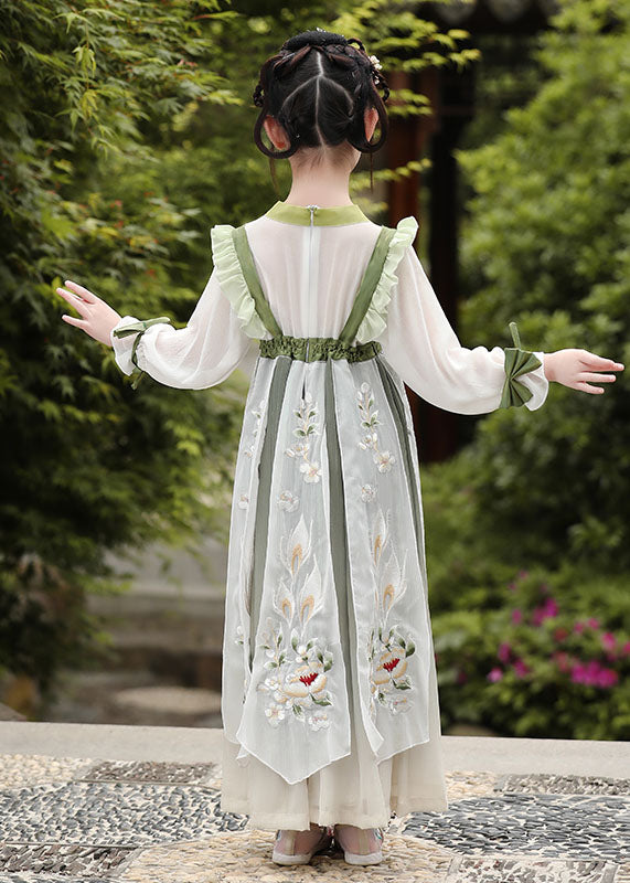 Boutique Green Ruffled Embroideried Patchwork Chiffon Kids Girls Dress Long Sleeve LY6524 - fabuloryshop