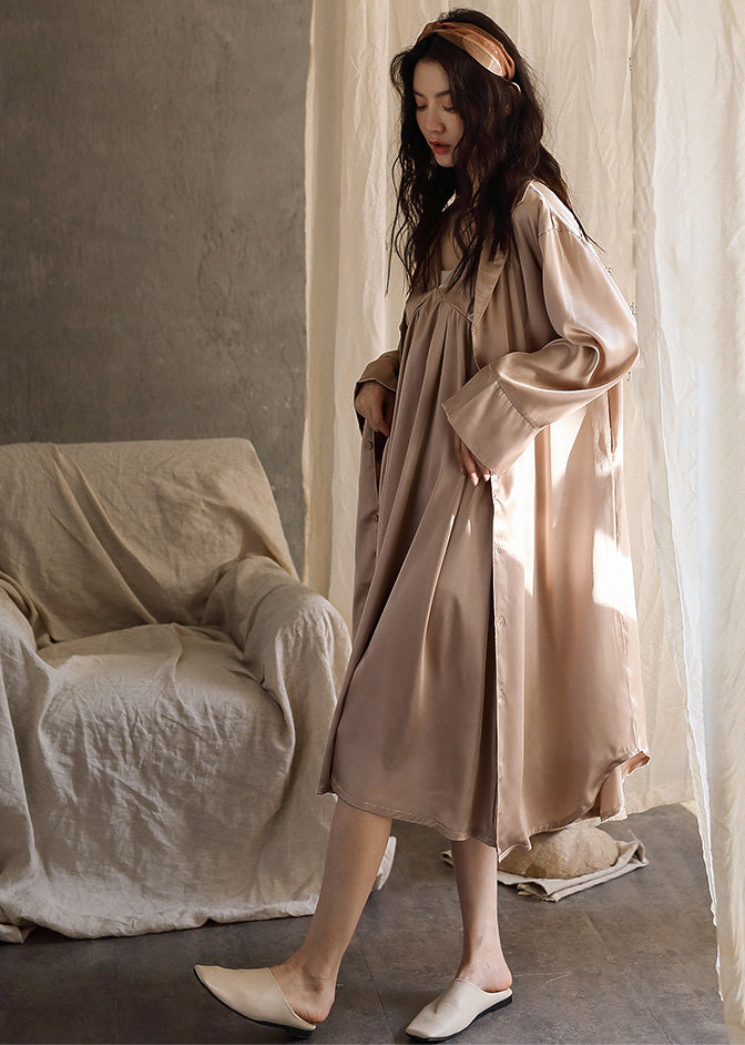 Boutique Pink Patchwork Button Solid Ice Silk Maxi Dress Spring TO1037 - fabuloryshop