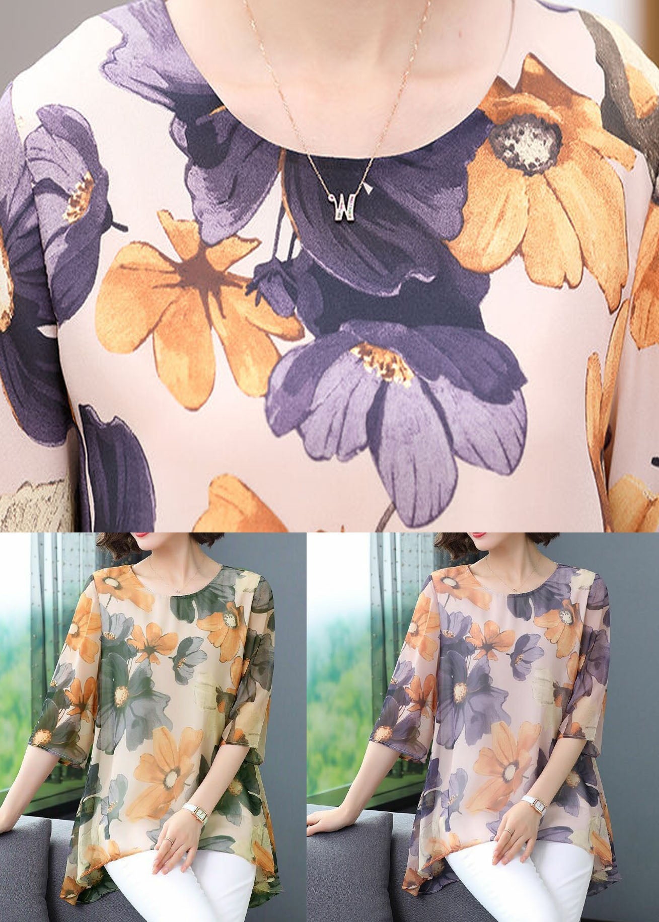 Boutique Purple O Neck Print Patchwork Chiffon T Shirt Top Summer TP1035 - fabuloryshop