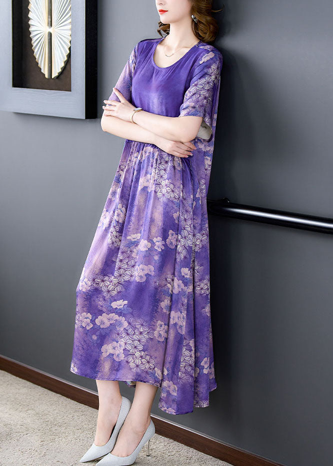 Boutique Purple O Neck Print Wrinkled Patchwork Silk Dress Summer Ada Fashion