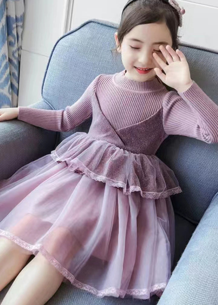 Boutique Purple O Neck Tulle Patchwork Knit Baby Girls Dress Fall Ada Fashion