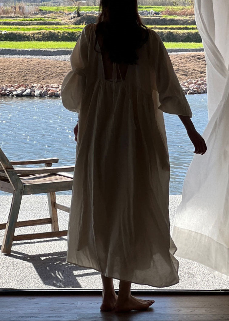 Boutique White Wrinkled Lace Up Patchwork Cotton Long Dresses Long Sleeve LY2755 - fabuloryshop