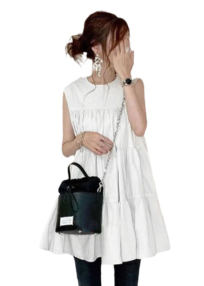 Boutique White Wrinkled Patchwork Cotton Mini Dresses Sleeveless LY2072 - fabuloryshop